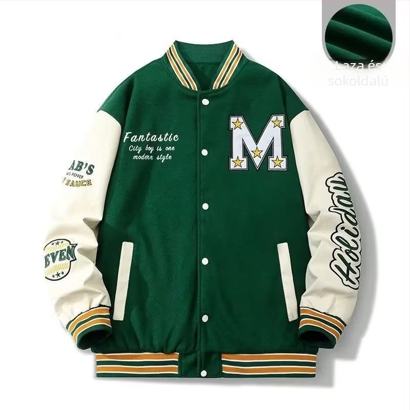 Férfiaknak készült amerikai stílusú színblokkal ellátott baseball dzseki, casual minimalist design, laza szabású, ősz 2023.