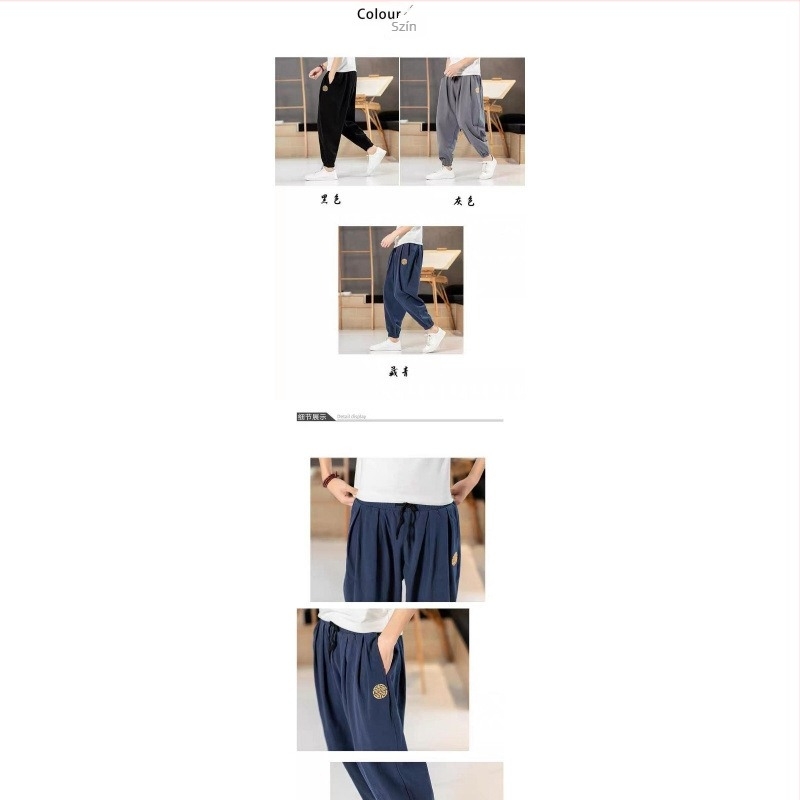 Férfi laza kínai stílusú nadrág broderrel, könnyű pamut-lin keverék, cropped jogger szabás