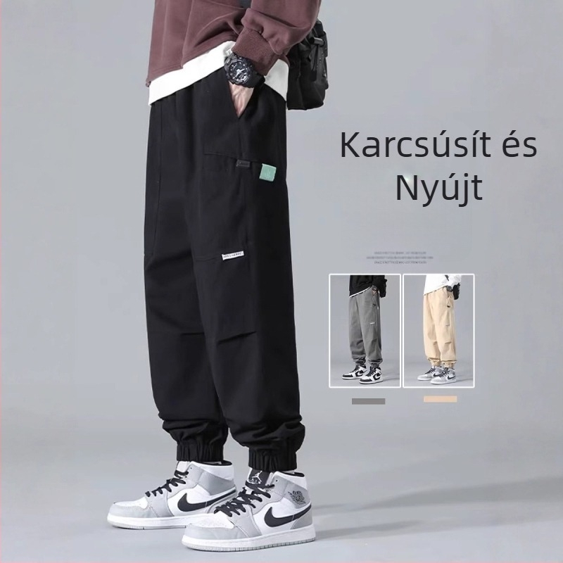 Férfi 100% pamut szabadidőnadrág, laza szabás, középmagas derék, keskeny szár, cargo stílus