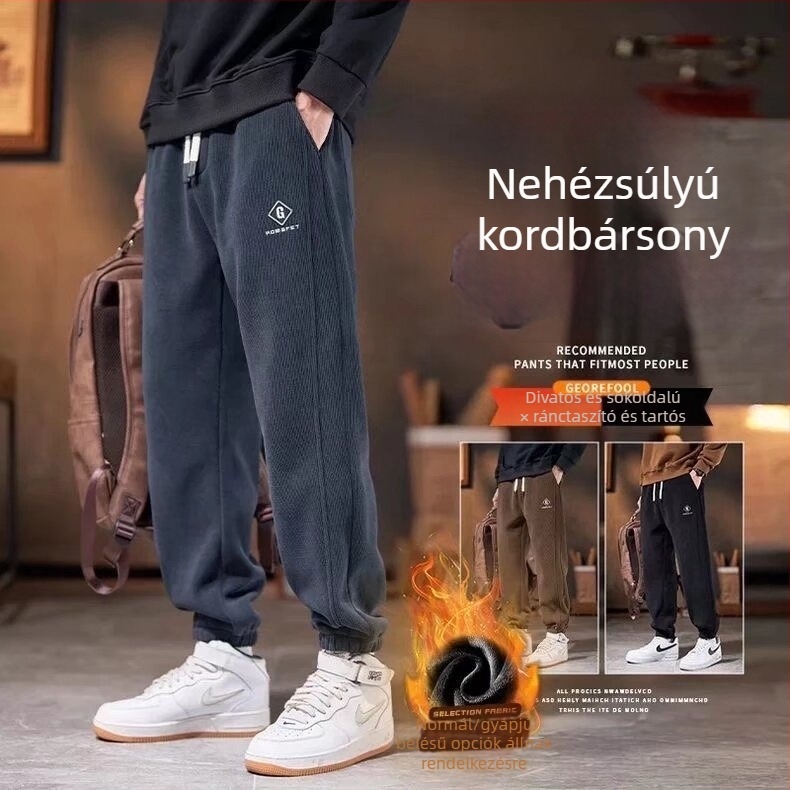 Férfi corduroy fleece-belelt sportnadrág ősz-télre, lazább fazon, húzózsinóros szár