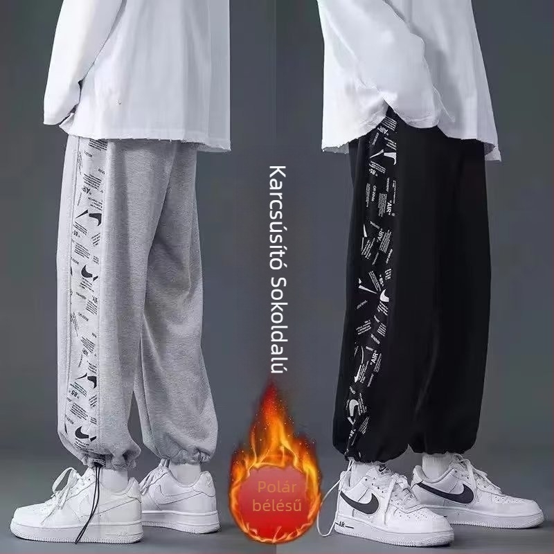 Férfi meleg belsővel készült sportnadrág, hosszú, egyenes szabás, húzózsinóros derék, őszi streetwear, koreai stílus