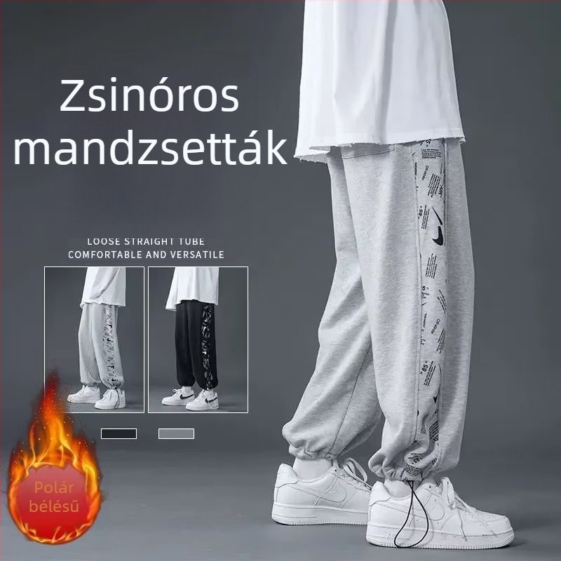 Férfi meleg belsővel készült sportnadrág, hosszú, egyenes szabás, húzózsinóros derék, őszi streetwear, koreai stílus