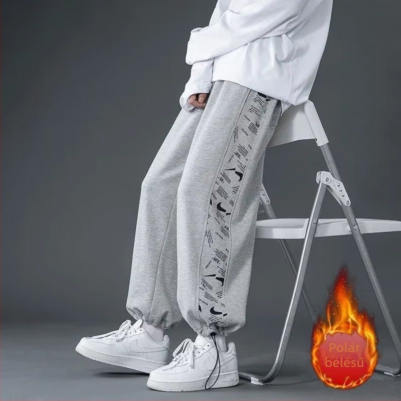 Férfi meleg belsővel készült sportnadrág, hosszú, egyenes szabás, húzózsinóros derék, őszi streetwear, koreai stílus