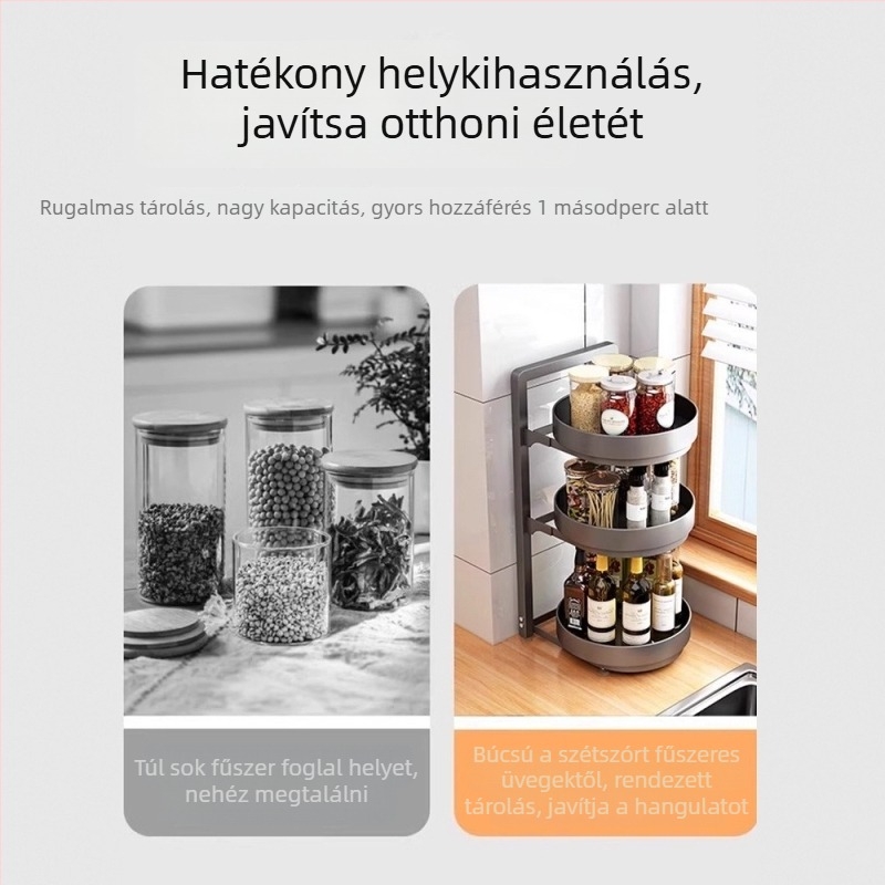 Konyhai forgó fűszertartó polc, kétszintes, sarokban elhelyezhető asztali tároló