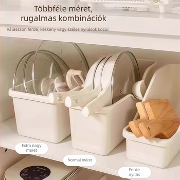 Görgőkkel ellátott tárolóedény konyhához, fazekak és fedők rendezője, pult melletti fűszer- és edényrendező