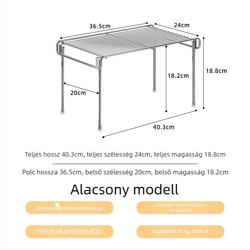Rozsdamentes acél konyhai tárolóállvány asztalra helyezhető, halmozható, egyszintes, tároló poharakhoz, tálakhoz és fűszerekhez