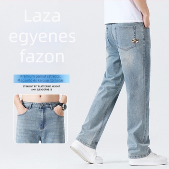 Férfi nyári vékony denimnadrág, lazán szabott egyenes szár, elasztikus, mindennapi viselet, mosott hatás