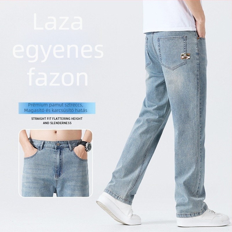 Férfi nyári vékony denimnadrág, lazán szabott egyenes szár, elasztikus, mindennapi viselet, mosott hatás