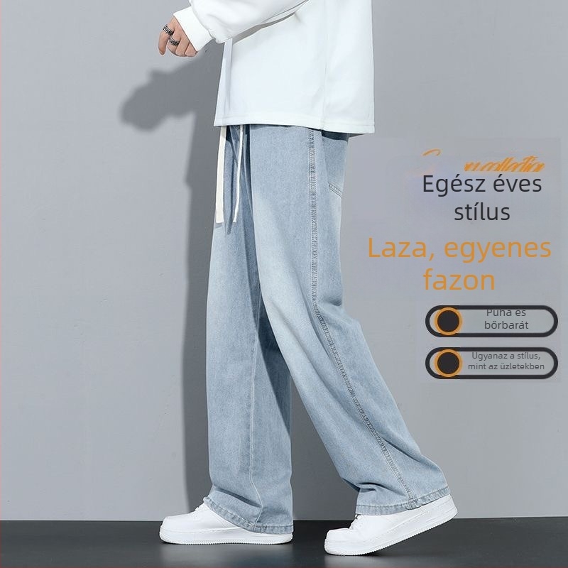 Férfiaknak szóló világoskék denim nadrág – egész éves viselet, 2025-ös trend, bő szabás, egyenes szárú, laza casual nadrág