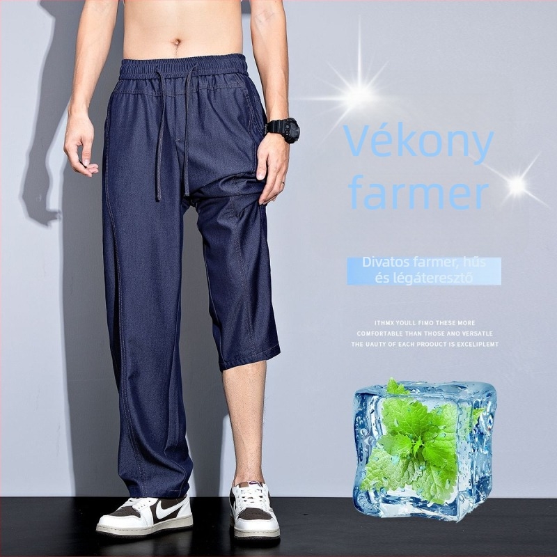 Nyári vékony férfi farmernadrág, laza egyenes szabás, széles szár, amerikai stílus, természetes színű farmer