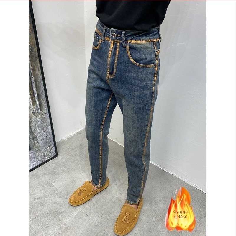 Férfi farmernadrág őszre, utcai stílusban, slim fit, vintage kék, kopásálló mosott felület