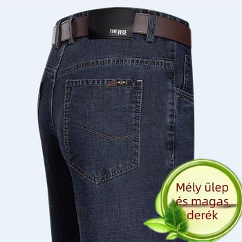 Férfiaknak magas derekú, lazán szabott, egyenes szárú farmer, őszi-téli üzleti stílus