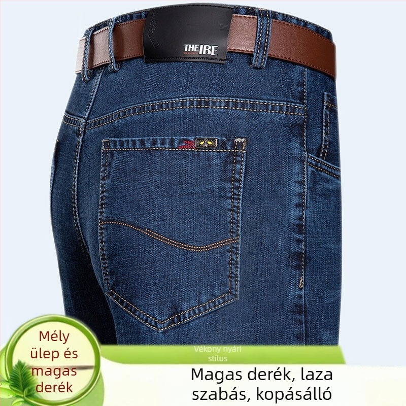 Férfiaknak magas derekú, lazán szabott, egyenes szárú farmer, őszi-téli üzleti stílus