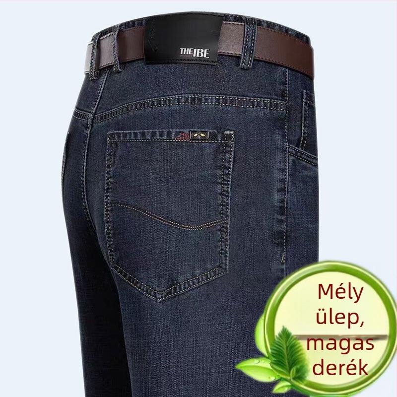 Férfiaknak magas derekú, lazán szabott, egyenes szárú farmer, őszi-téli üzleti stílus