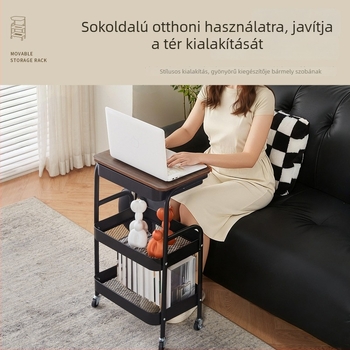 Ágy melletti mozgó kocsi, oldalsó asztal a kanapéhoz, padlón álló snacktároló és konyhai fűszertartó asztallappal
