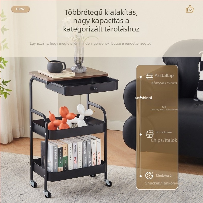 Ágy melletti mozgó kocsi, oldalsó asztal a kanapéhoz, padlón álló snacktároló és konyhai fűszertartó asztallappal