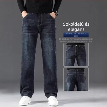 Amerikai stílusú férfi denimnadrág, karcsú egyenes szabás, elegáns megjelenés, középmagasságú derék, zipzár, több zseb, mindennapi viselet