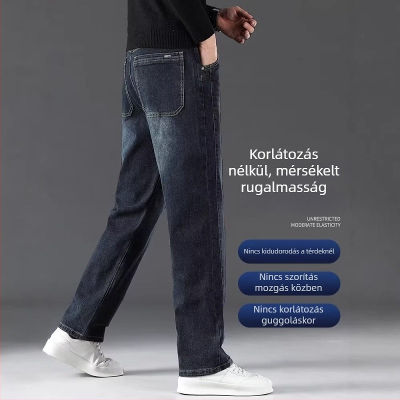 Amerikai stílusú férfi denimnadrág, karcsú egyenes szabás, elegáns megjelenés, középmagasságú derék, zipzár, több zseb, mindennapi viselet