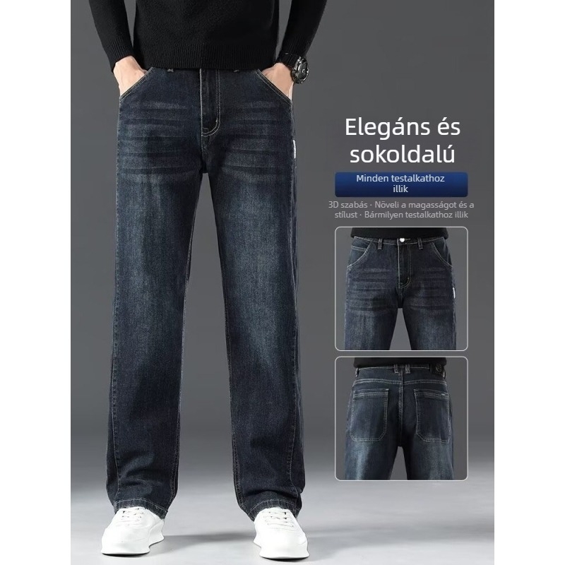 Amerikai stílusú férfi denimnadrág, karcsú egyenes szabás, elegáns megjelenés, középmagasságú derék, zipzár, több zseb, mindennapi viselet