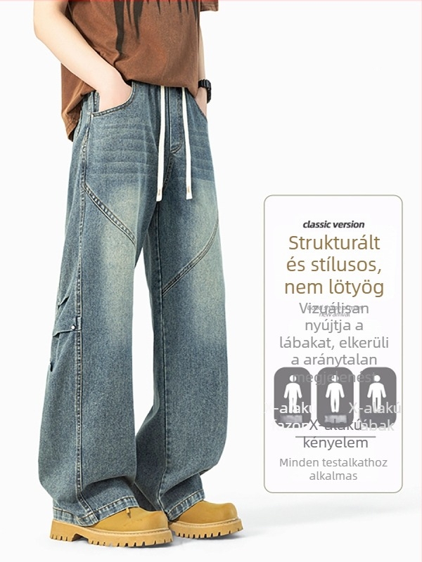 Férfi farmernadrág denim, 2026 tavasz, laza szabás, egyenes szár, mindennapi nadrág