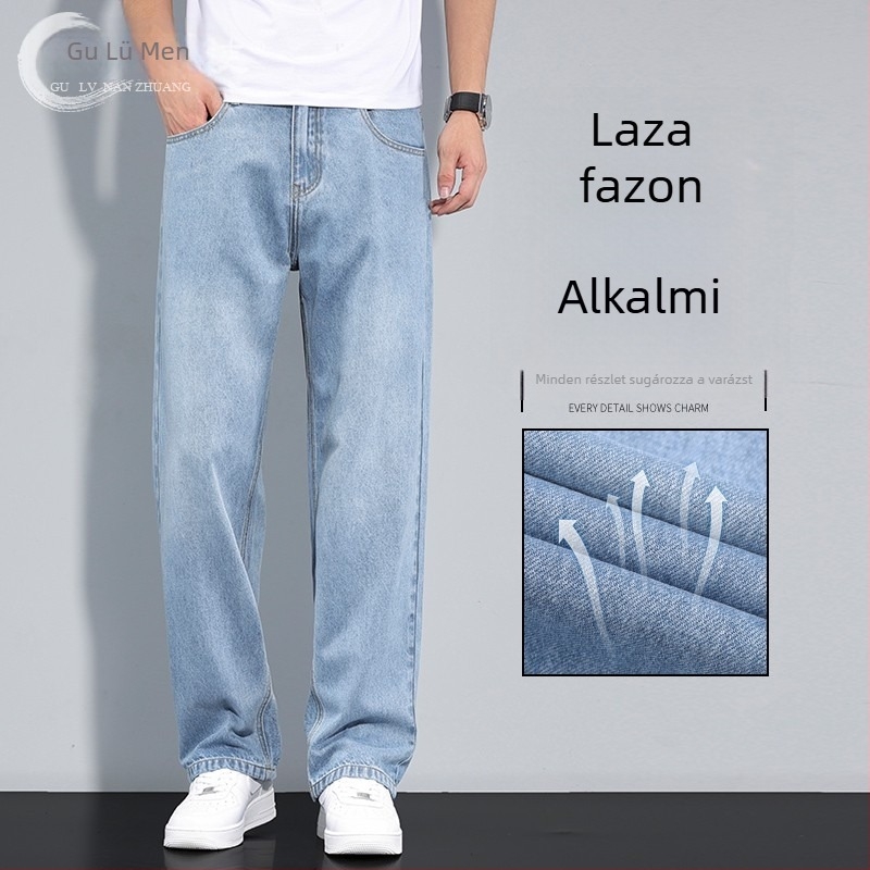 Férfi farmernadrágok 2025 tavasz, világoskék mosott, laza szabás, széles szárú, plusz méret