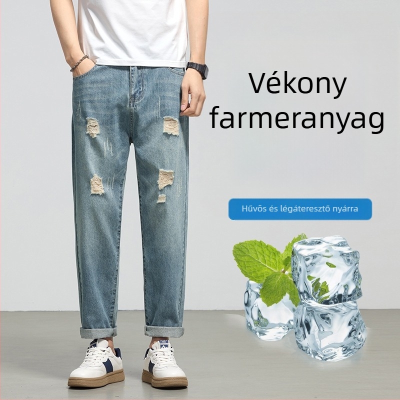 Férfi denim cropped nadrág szakadt részletekkel, laza harém fazon, 9/10 hossz, tavasz 2026