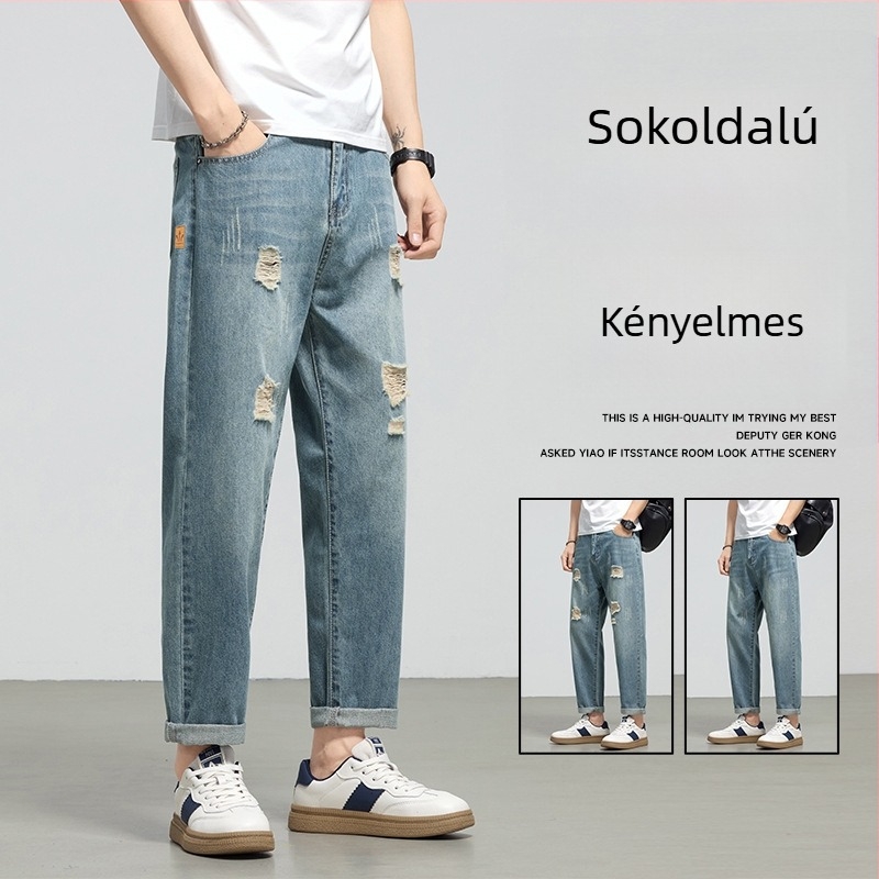 Férfi denim cropped nadrág szakadt részletekkel, laza harém fazon, 9/10 hossz, tavasz 2026