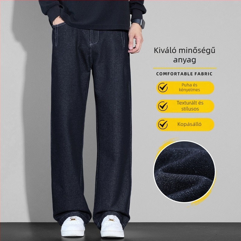 Férfi téli denimnadrág, laza egyenes szabás, meleg mindennapi viselet