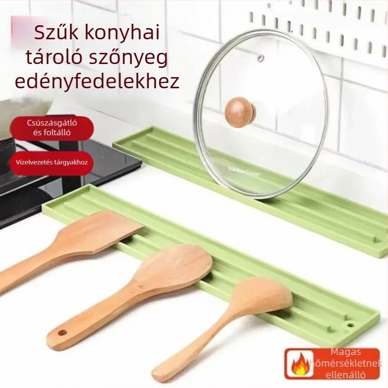 Hosszú szilikon fedő- és tárolóállvány a konyhában — többfunkciós rendező fedők és fűszertartók számára, fúrás nélkül