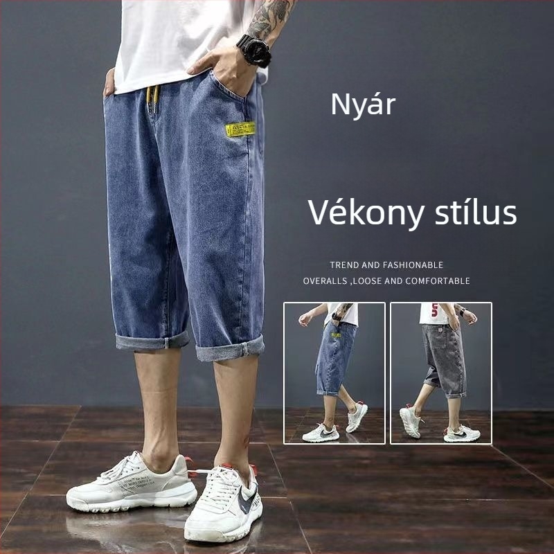 Tinédzser fiúk számára készült karcsú szabású farmer, koreai stílus, csípőemelő hatás, casual cropped capri nadrág, elasztikus derék, egyenes szabás, chenille poliészter keverék
