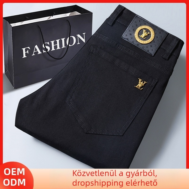 Férfiak fekete denim farmernadrág nyári vékony anyaggal, slim-fit, egyenes szárú, középmagas derekú, több zseb