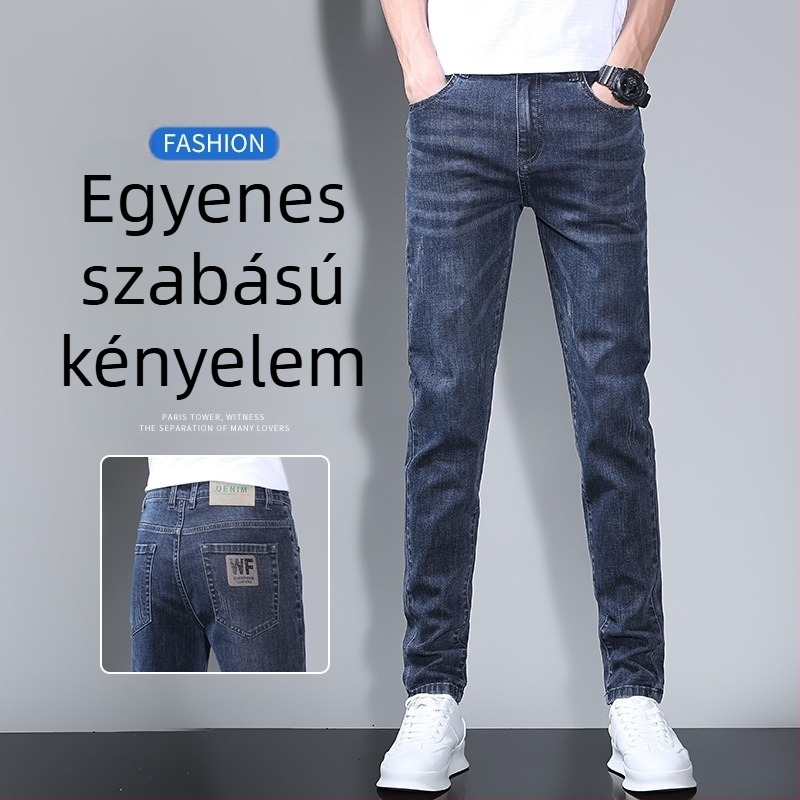 Férfi Slim-Fit egyenes szárú farmernadrág, könnyű denim, középmagas derekú, 2025 tavasz-nyár, több zseb