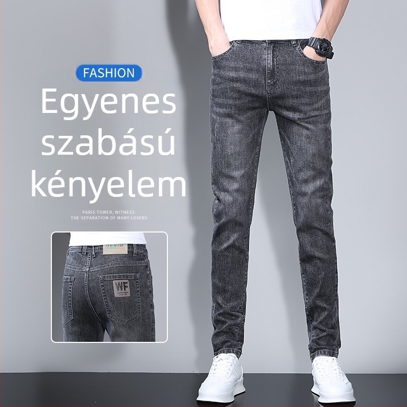 Férfi Slim-Fit egyenes szárú farmernadrág, könnyű denim, középmagas derekú, 2025 tavasz-nyár, több zseb