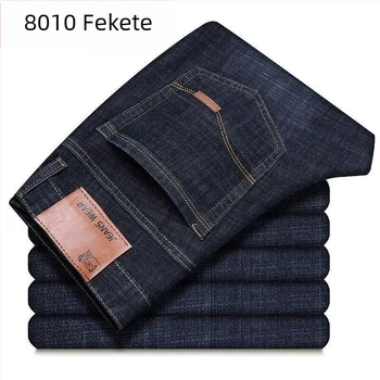 Férfi denim munkanadrág elasztikus, lazán szabott egyenes szabás, casual, nagy méret, 2025 tavasz–ősz