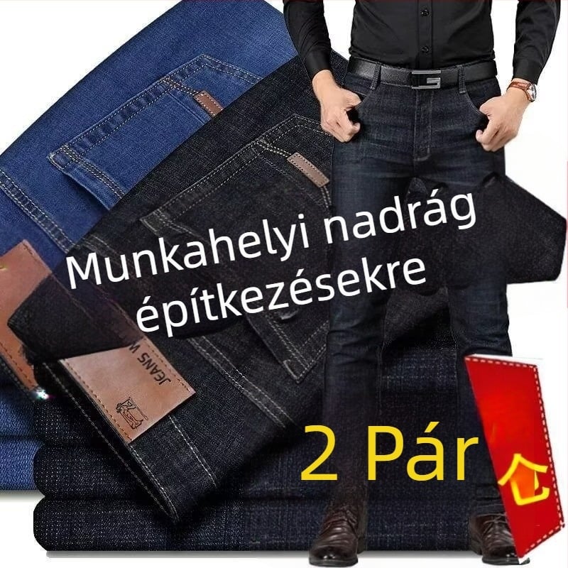 Férfi denim munkanadrág elasztikus, lazán szabott egyenes szabás, casual, nagy méret, 2025 tavasz–ősz