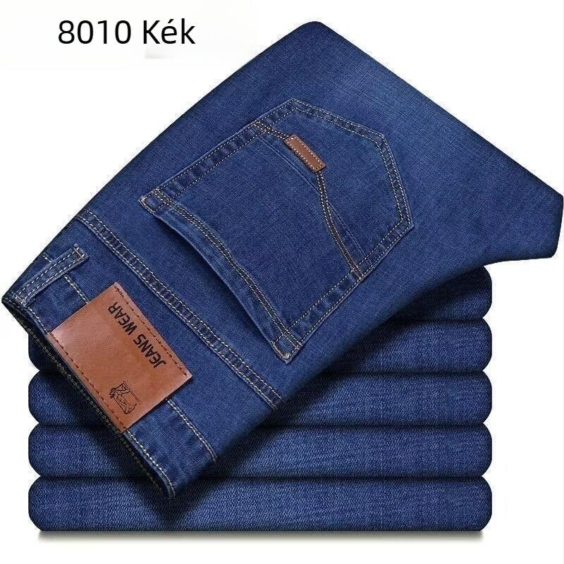 Férfi denim munkanadrág elasztikus, lazán szabott egyenes szabás, casual, nagy méret, 2025 tavasz–ősz