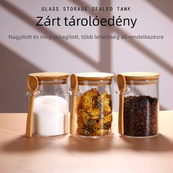 Üvegből készült kávébabokhoz kanállal, légmentesen záródó tárolóedény, kör alakú kávé- és fűszertároló