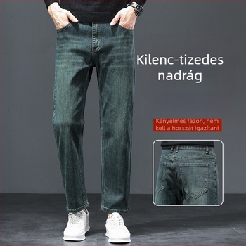 Férfiak magas derekú, elasztikus slim-fit egyenes szabású farmernadrág, vastag denim, gyümölcszöld szín, cropped hossz, hétköznapi viselet