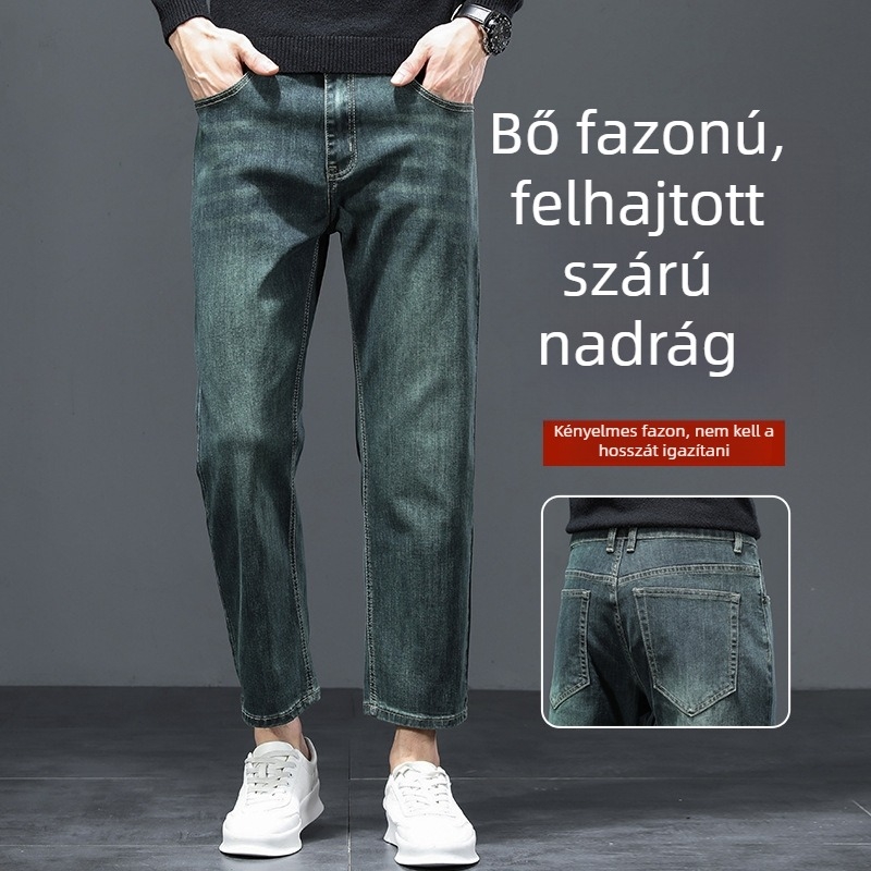 Férfiak magas derekú, elasztikus slim-fit egyenes szabású farmernadrág, vastag denim, gyümölcszöld szín, cropped hossz, hétköznapi viselet