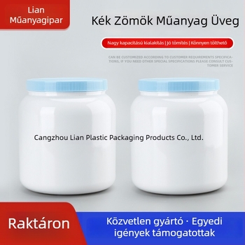 Élelmiszer-minőségű széles nyakú poros tartály PET-ből, kék, 1000 g, zárható sapka, tejporhoz, fehérje-port és kecsketejporhoz.