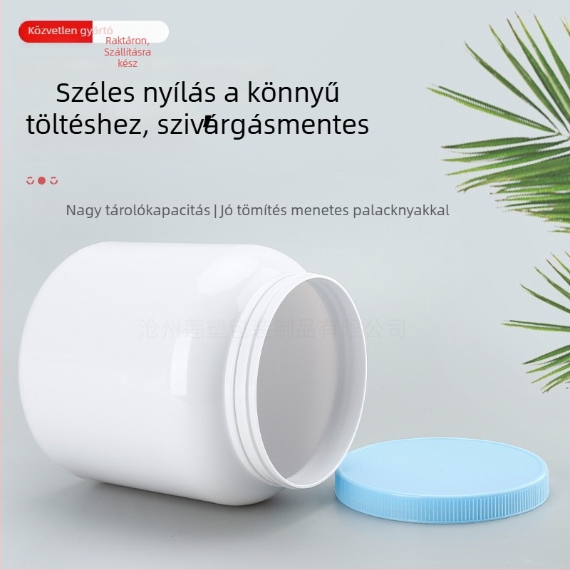Élelmiszer-minőségű széles nyakú poros tartály PET-ből, kék, 1000 g, zárható sapka, tejporhoz, fehérje-port és kecsketejporhoz.