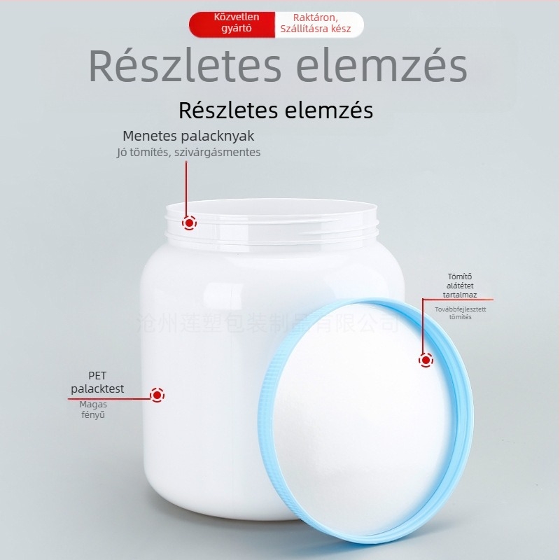 Élelmiszer-minőségű széles nyakú poros tartály PET-ből, kék, 1000 g, zárható sapka, tejporhoz, fehérje-port és kecsketejporhoz.