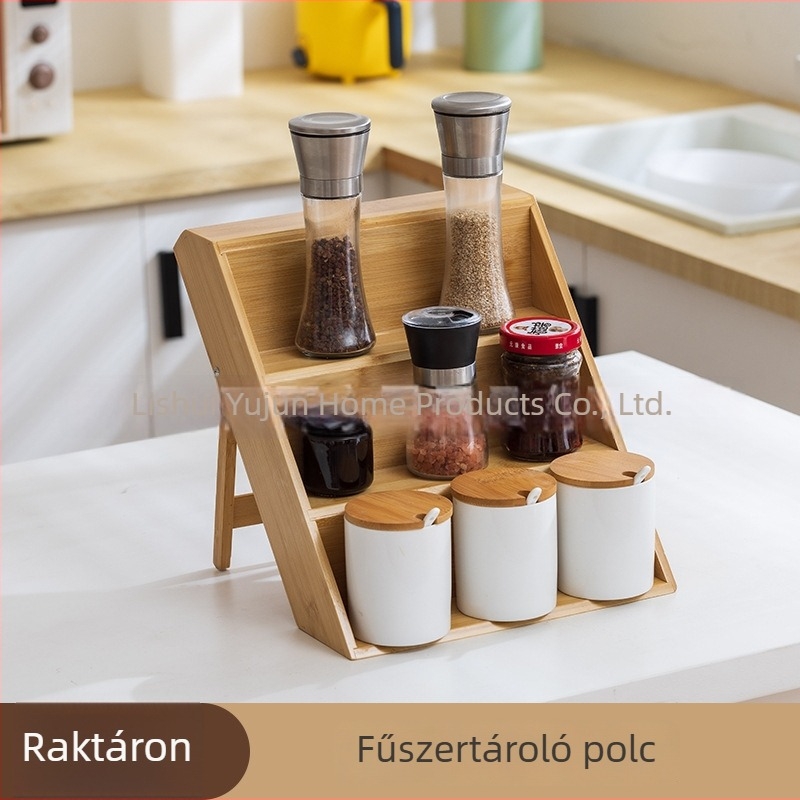 Bambuszból készült, több‑szintes konyhai fűszerpolc, asztali fa tároló és kiállító