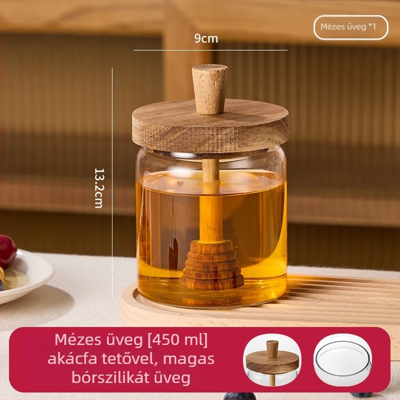 Akácfa fedelű üveg, kerek mézes üveg kanállal, lezárt átlátszó tárolóedény