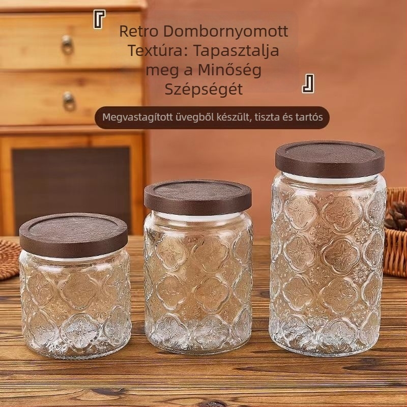 Zárható üveg tároló, retro Begónia virágmintázatú, élelmiszerbiztonságú üveg teásüveg, átlátszó