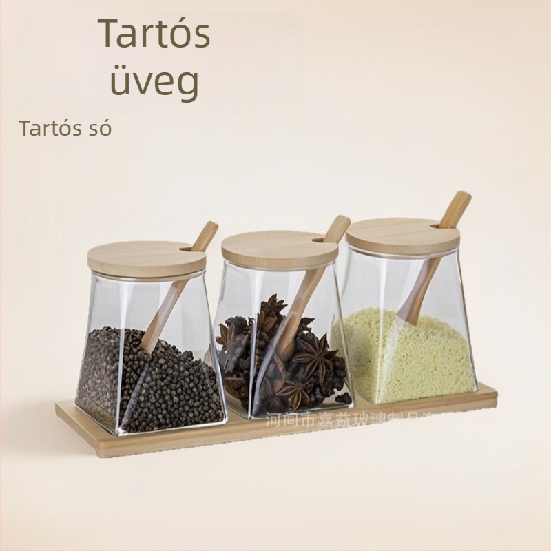 Bambusz tartóval ellátott üveg fűszeres készlet — háromrészes üvegkészlet olaj és só számára, könnyed luxus stílus