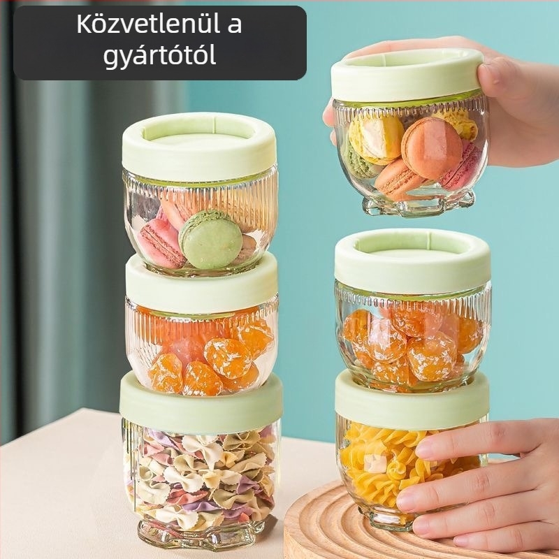 Üveg tárolóedény fedővel, macskamancs motívummal, átlátszó, élelmiszer-tárolásra