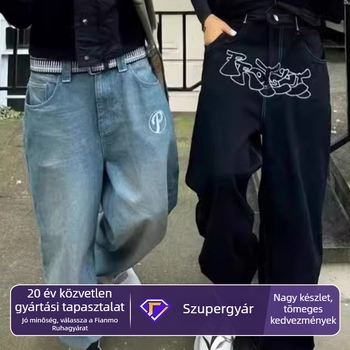 Férfiaknak baggy denim nadrág – utcakép retro hip-hop, magas derekú, egyenes szárú