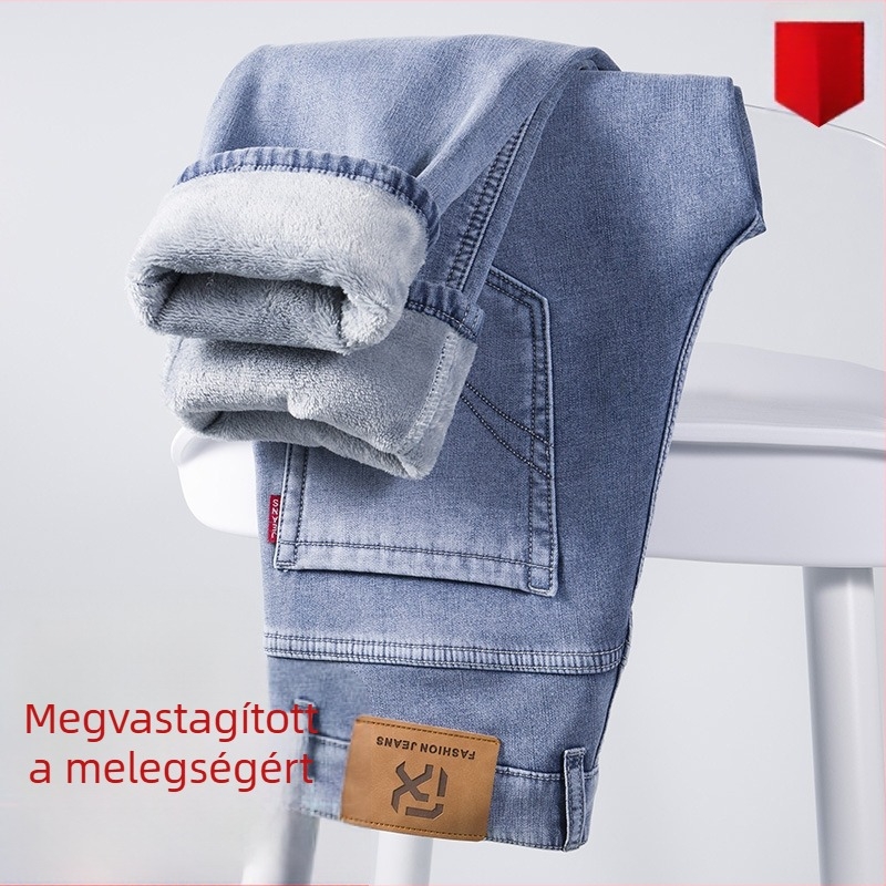 Férfi téli fleece-beléssel ellátott farmernadrág, meleg, lazán szabott egyenes szárú, világos mosás