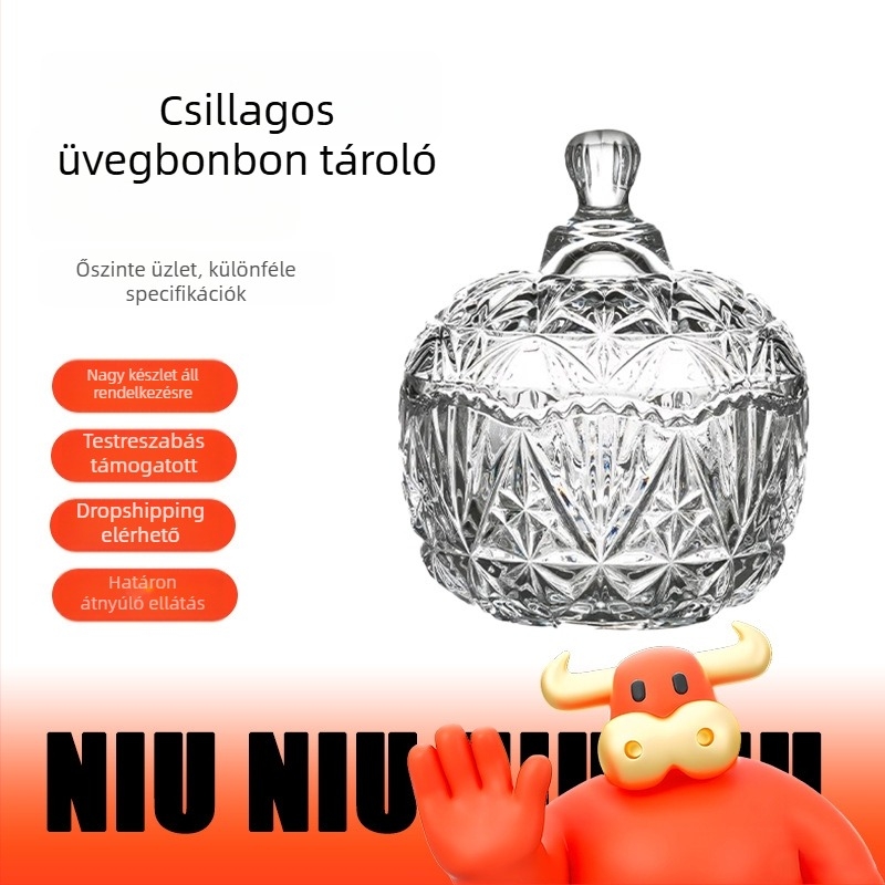 Fedéllel ellátott üveges cukorkatartó, átlátszó nassolnivaló-tároló, 400 ml